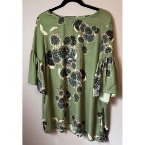 Bryn Walker Olive Floral Dandelion Knee Length Tunic Dress Bell Sleeves Medium